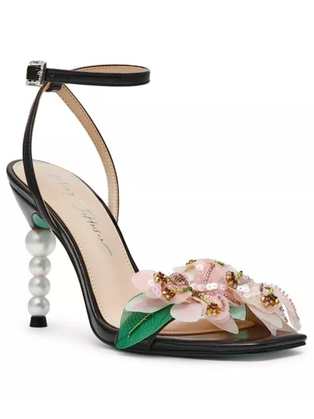 NWB Betsey Johnson Kasie Floral Imitation Pearl Heel Dress Sandals Black Size 11 - Picture 2 of 10